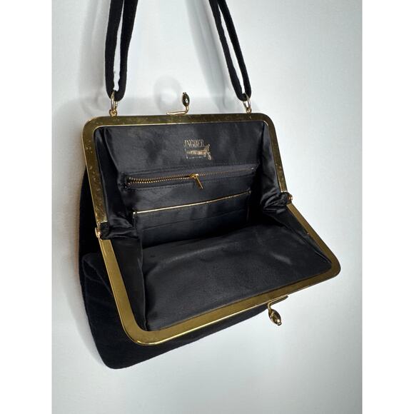 Vintage 1940s Ingber Black Fabric Evening Bag w/ Bow Handle & Gold Frame - Picture 4 of 16